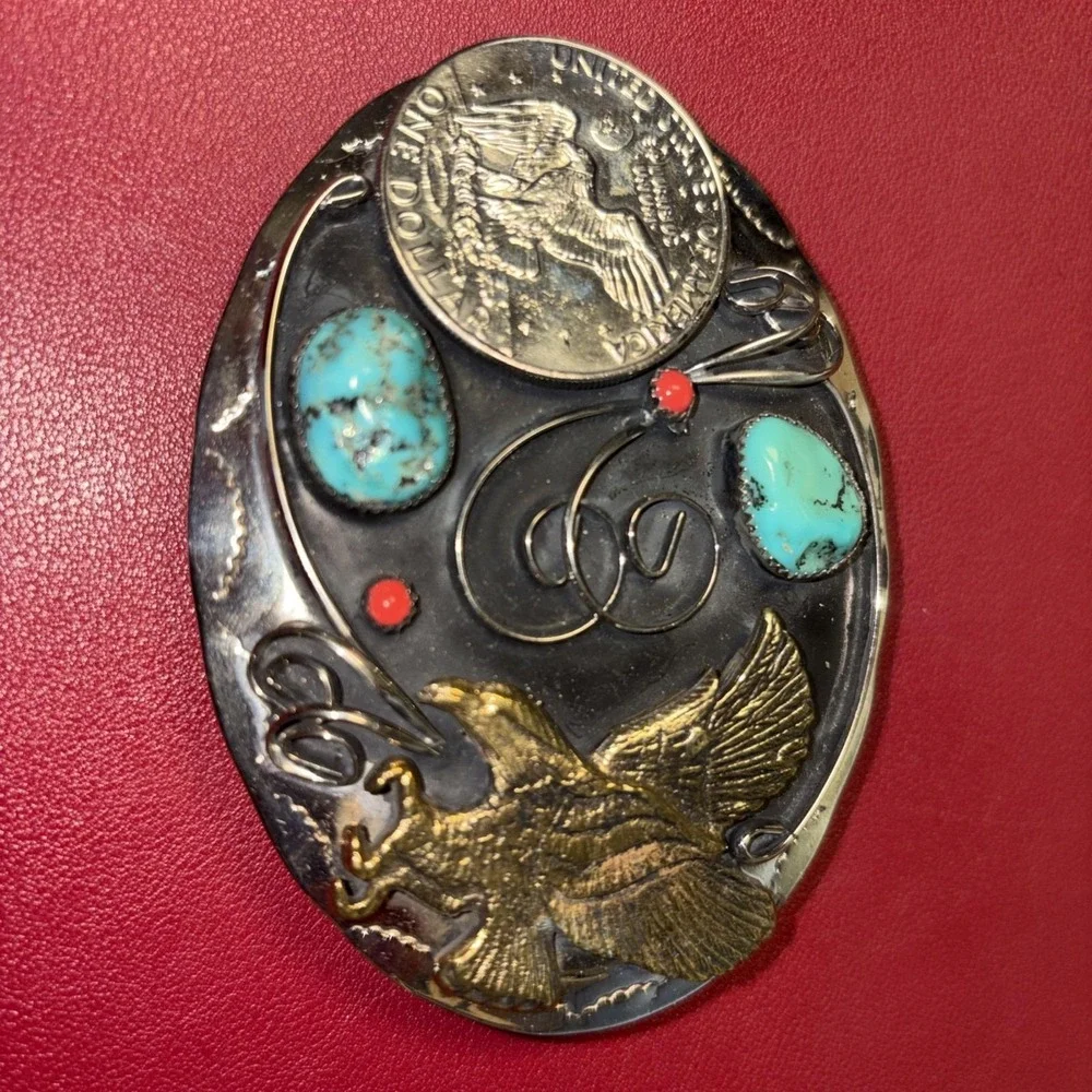 Large Turquoise and Coral Eagle Authentic $1 Coin Southwestern Style Belt Buckle